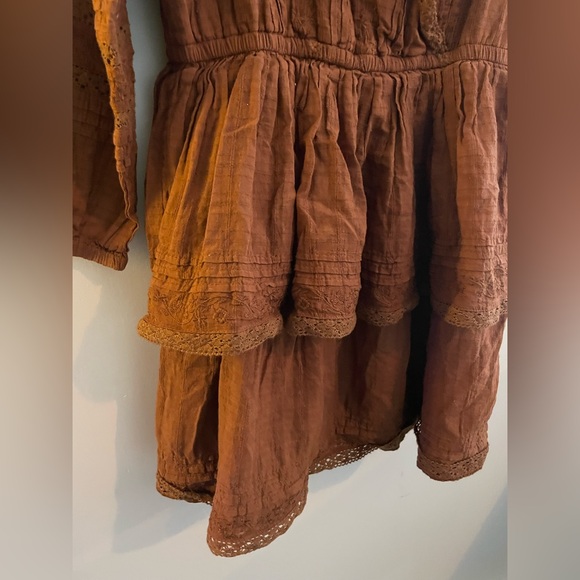 American Eagle Outfitters Chocolate Brown Ruffled Long Sleeve Mini Dress - Picture 2 of 7